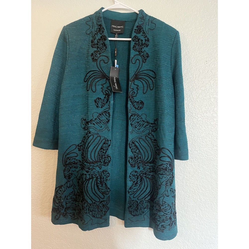 Ming Wang Jacket Cardigan Size S Knit Teal Black Open Sparkle Applique NWT